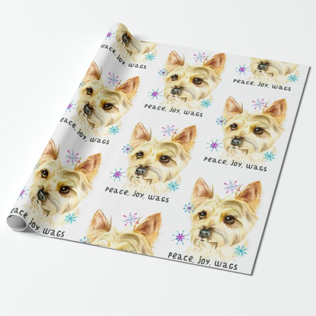 Cute Christmas Yorkie Dog Peace Joy Wags Pattern Wrapping Paper (Unrolled)