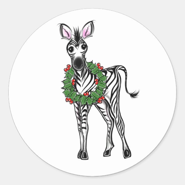 Cute Christmas Zebra illustration Holly wreath Classic Round Sticker (Front)
