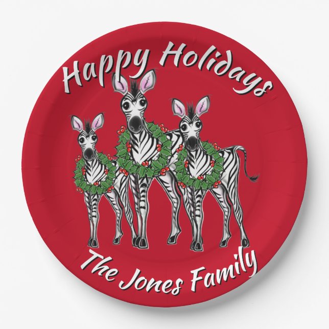 Cute Christmas Zebras personalize  Paper Plate (Front)