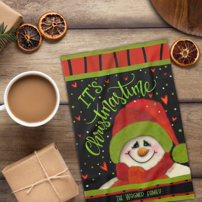 Cute Christmastime Snowman Red Green Personalized  Kitchen Towel (Creator Uploaded)