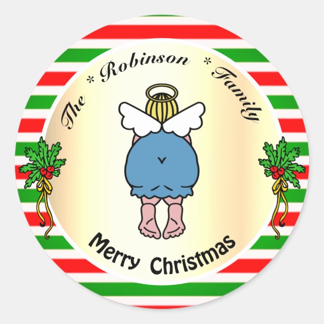 Cute Chubby Angel Red and Green Frame Christmas Classic Round Sticker (Front)