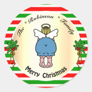 Cute Chubby Angel Red and Green Frame Christmas Classic Round Sticker
