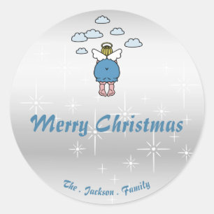 Cute Chubby Angel Silver Effect Stars Funny X-Mas Classic Round Sticker