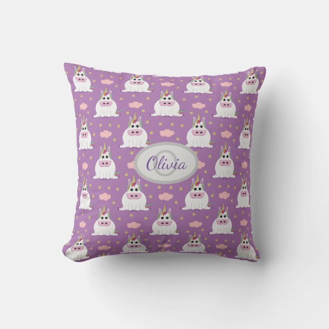 Cute chubby baby Unicorn pattern, monogram purple Throw Pillow (Front)