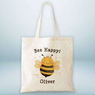 Cute Chubby Bumblebee "Bee Happy" Tote Bag