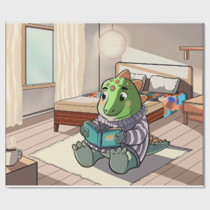 Cute Chubby Cartoon Dinosaur Reading Book Wrapping Paper