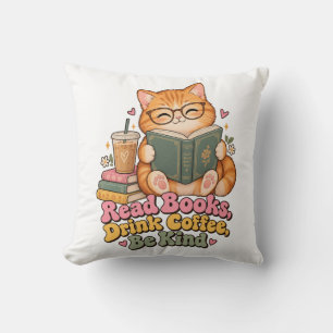 Cute Chubby Cat Reading Book and Coffee Throw Pill Pillow