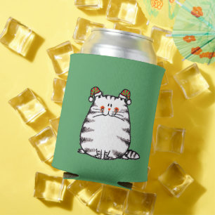 Cute Chubby Cat Two Christmas Hats Can Cooler