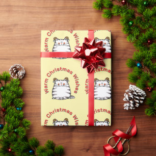 Cute Chubby Cat Two Christmas Hats Warm Wishes Wrapping Paper