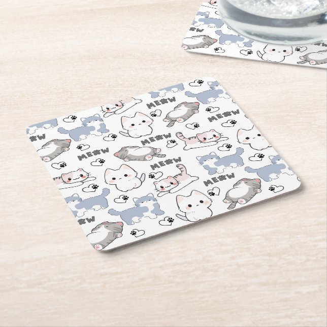 Cute Chubby Kittens and Meow Hearts Square Paper Coaster (Angled)