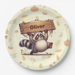 Cute Chubby Raccoon with Wooden Name Plate