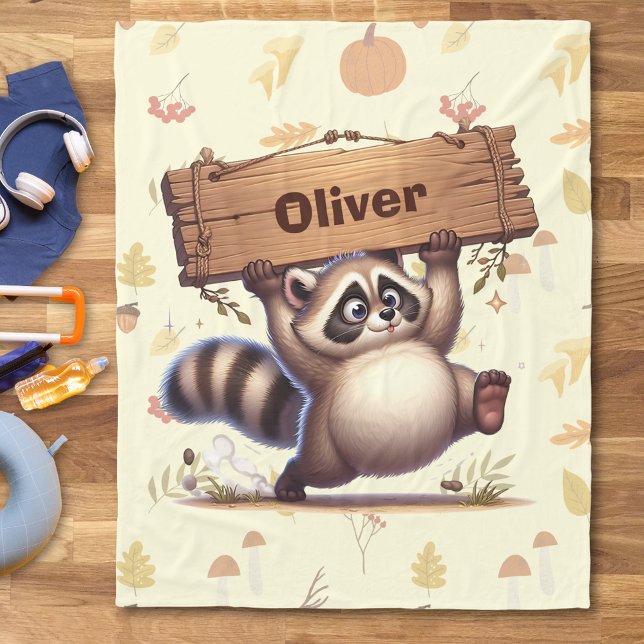 Cute Chubby Raccoon with Wooden Name Plate  Fleece Blanket (Creator Uploaded)