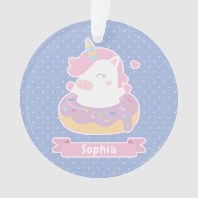 Cute Chubby Unicorn in Doughnut Personalized Ornament (Front)