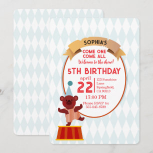 Cute Circus Bear Birthday  Invitation