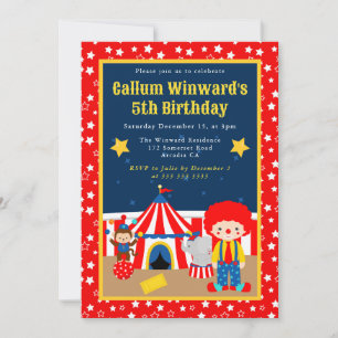 Cute Circus Boy Clown Kids Birthday  Invitation