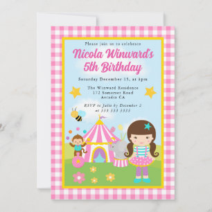 Cute Circus Brunette Girl Trainer Kids Birthday  Invitation