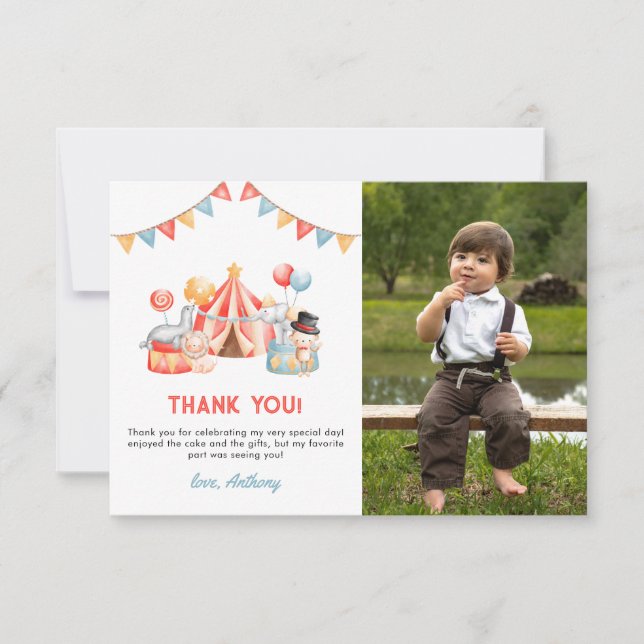 Cute Circus Carnival Fiesta 1st Birthday Thank You Card (Front)