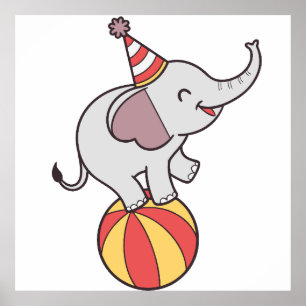 Cute Circus Elephant on Ball – Birthday Party Illu Poster
