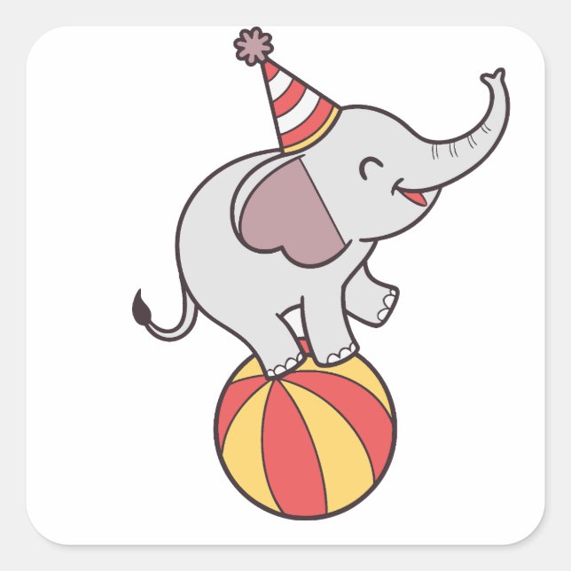 Cute Circus Elephant on Ball – Birthday Party Illu Square Sticker (Front)