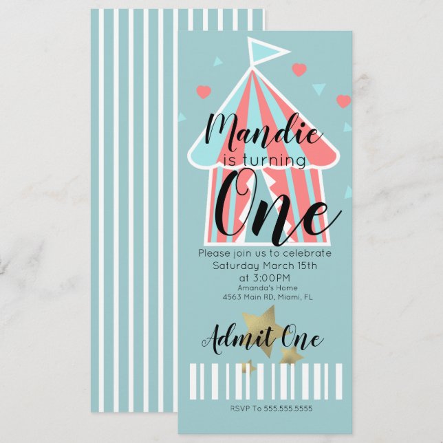 Cute Circus Tent First Birthday  Ticket Invitation (Front/Back)