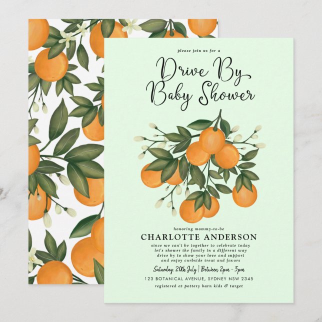 Cute Citrus Drive By Baby Shower Orange Quarantine Invitation (Front/Back)
