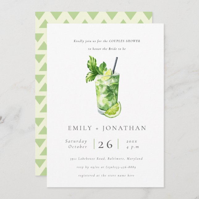 Cute Citrus Mint Cocktail Couples Invitation douch (Devant / Derrière)