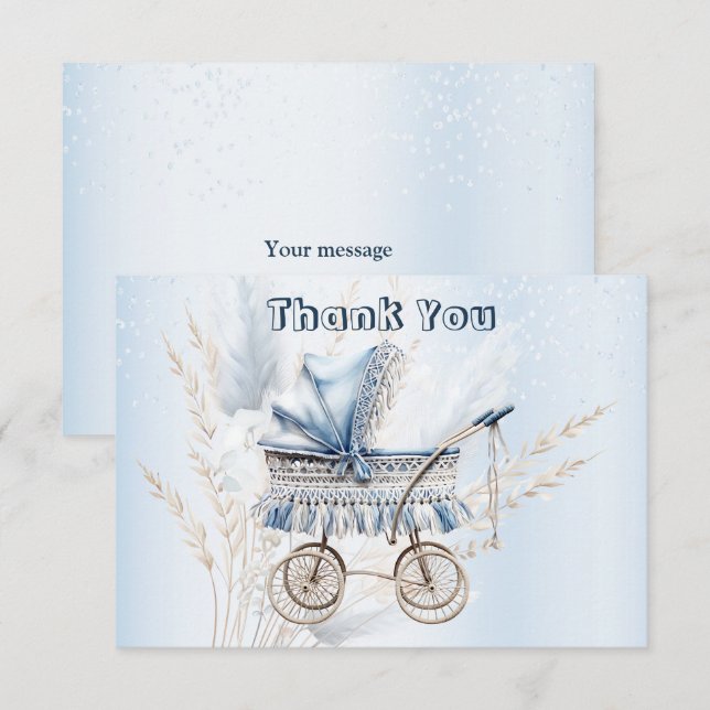 Cute Classic Baby Stroller Blue Floral Beautiful Thank You Card (Front/Back)