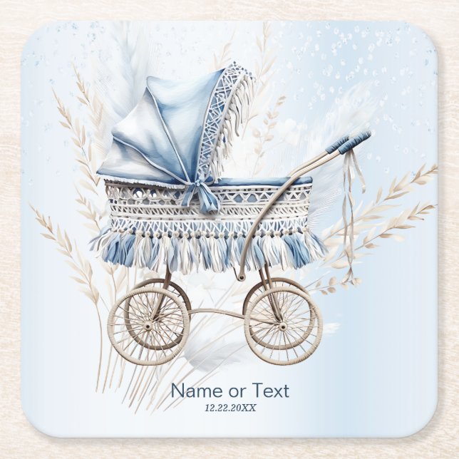 Cute Classic Baby Stroller Blue Floral Party Square Paper Coaster (Front)