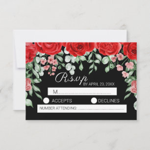 Cute classic élégant black & Red floral wedding RSVP Card
