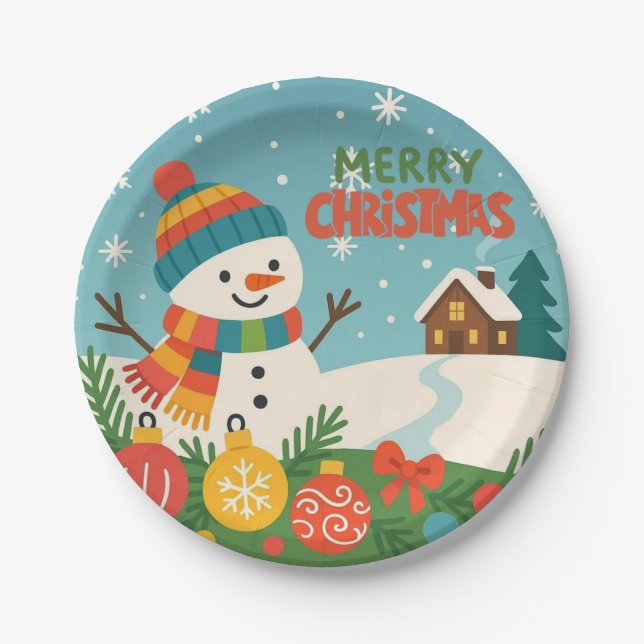 Cute, classic Merry Christmas snowman Paper Plate (Front)