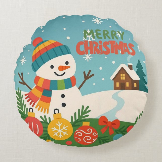 Cute, classic Merry Christmas snowman Round Pillow (Front)