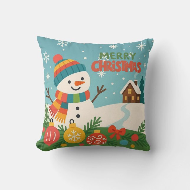 Cute, classic Merry Christmas snowman Throw Pillow (Front)