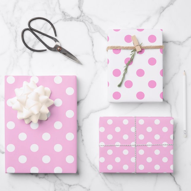 Cute Classic Pink and White Polka Dot Wrapping Paper Sheet (Front)