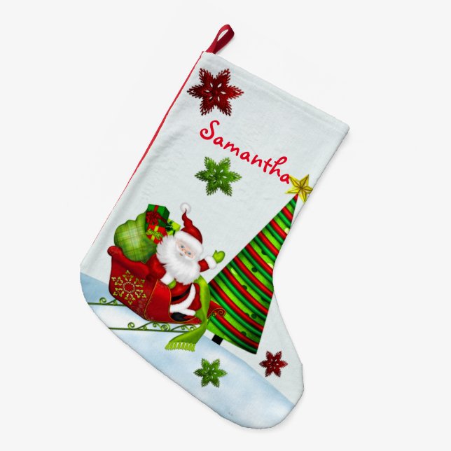 Cute Classic Santa Whimsey HOLIDAY PERSONALIZED Large Christmas Stocking (Front (Hanging))