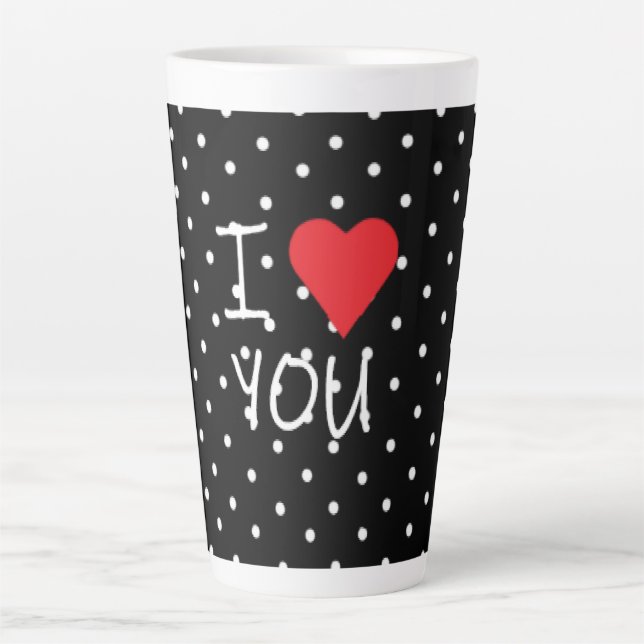Cute Classy Black White Polka Dot Red Heart Love Latte Mug (Front)