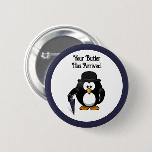 Cute Classy Butler Penguin Cartoon with Umbrella 2 Inch Round Button