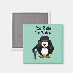 Cute Classy Butler Penguin Cartoon with Umbrella Magnet