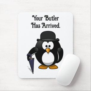 Cute Classy Butler Penguin Cartoon with Umbrella Mouse Pad