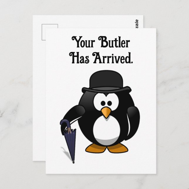 Cute Classy Butler Penguin Cartoon with Umbrella Postcard (Front/Back)