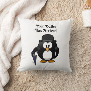 Cute Classy Butler Penguin Cartoon with Umbrella Throw Pillow