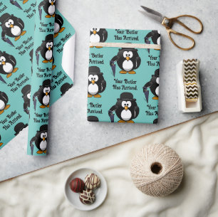 Cute Classy Butler Penguin Cartoon with Umbrella Wrapping Paper