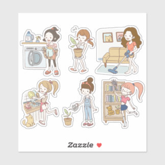 Cute Cleaning Chore Girls Character Sticker