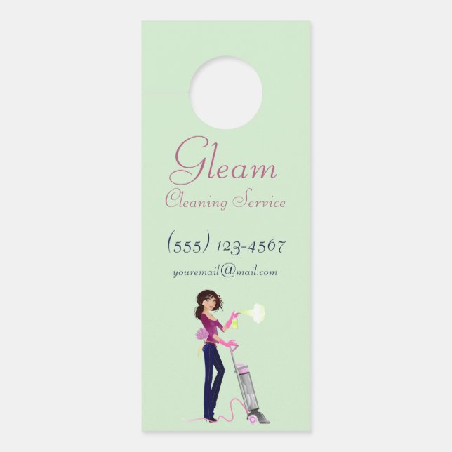 Cute Cleaning Service Lady Vacuuming Door Hanger (Front)