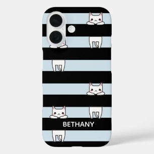 Cute Climbing Cats on Black and Blue Stripes iPhone 16 Case