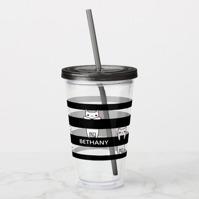 Cute Climbing Cats on Black Stripes Personalised Acrylic Tumbler (Left)