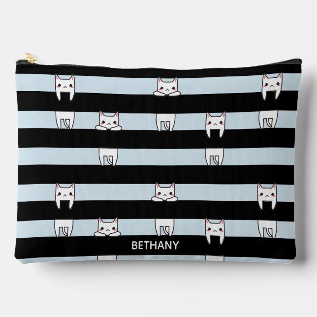 Cute Climbing Cats on Striped Personalised Accessory Pouch (Front)