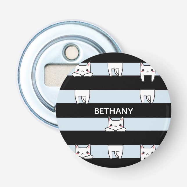 Cute Climbing Cats on Striped Personalised Bottle Opener (Front)