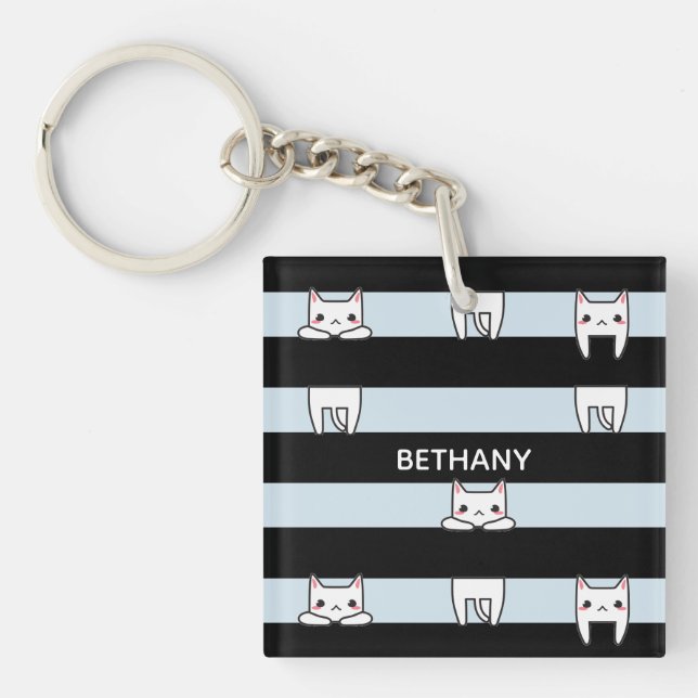 Cute Climbing Cats on Striped Personalised Keychain (Front)