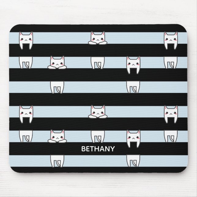Cute Climbing Cats on Striped Personalised Mouse Pad (Front)