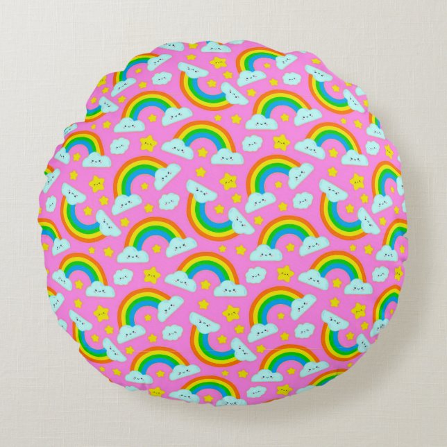 Cute Cloud and Rainbow Pattern Round Pillow (Front)